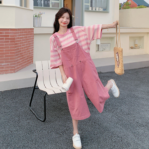 甜酷风美宽松休闲少女活力减龄裤子女2025夏季新款粉色工装背带裤图片