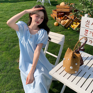 2025夏季新款韩版温柔甜美气质收腰显瘦泡泡袖中长款连衣裙女图片