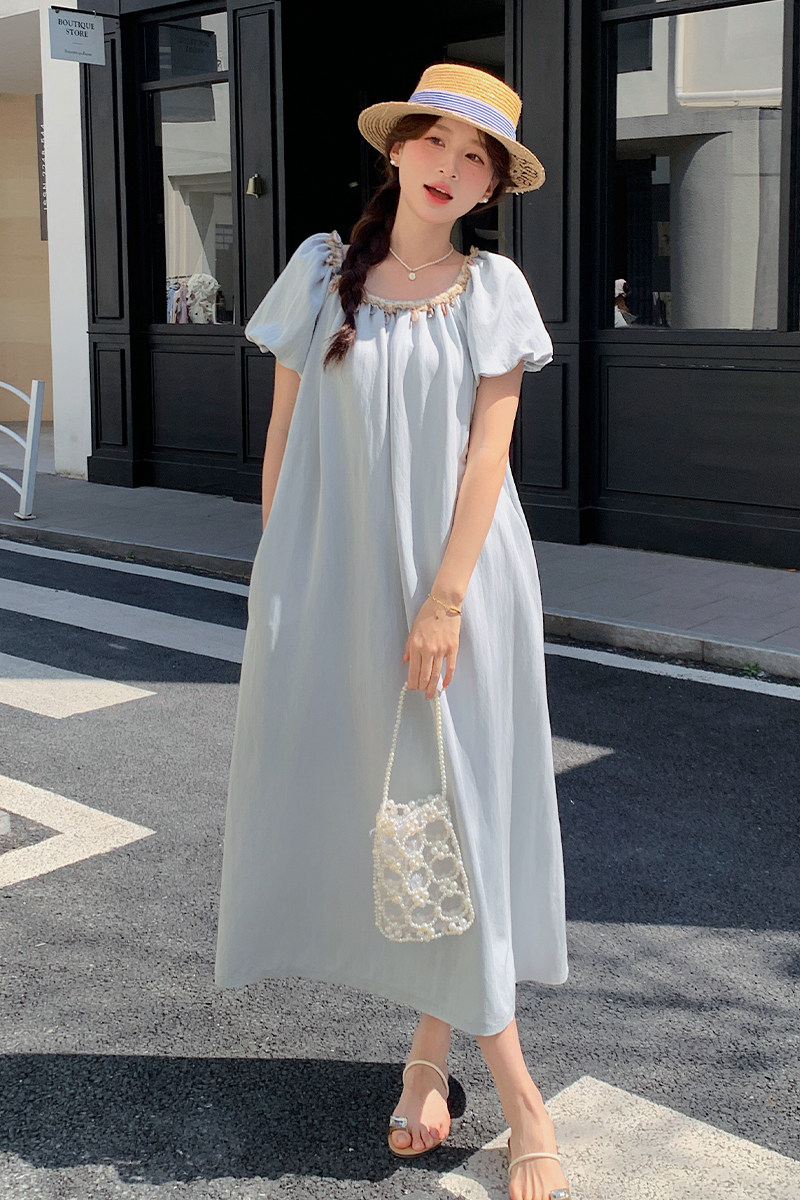 蓝色度假风泡泡袖连衣裙女2025夏新款法式今年流行收腰显瘦a字裙,女装连衣裙,浙宝102（原188）