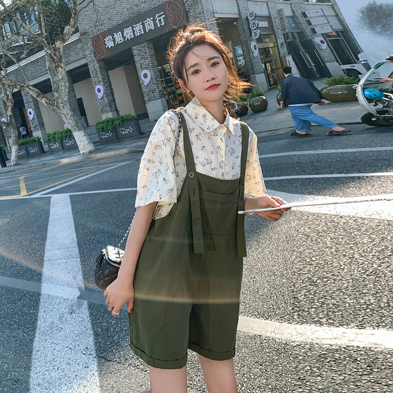 森系小清新绿色别致背带裤女2025夏季新款学院风休闲工装阔腿短裤,女装连体裤,浙宝102（原188）