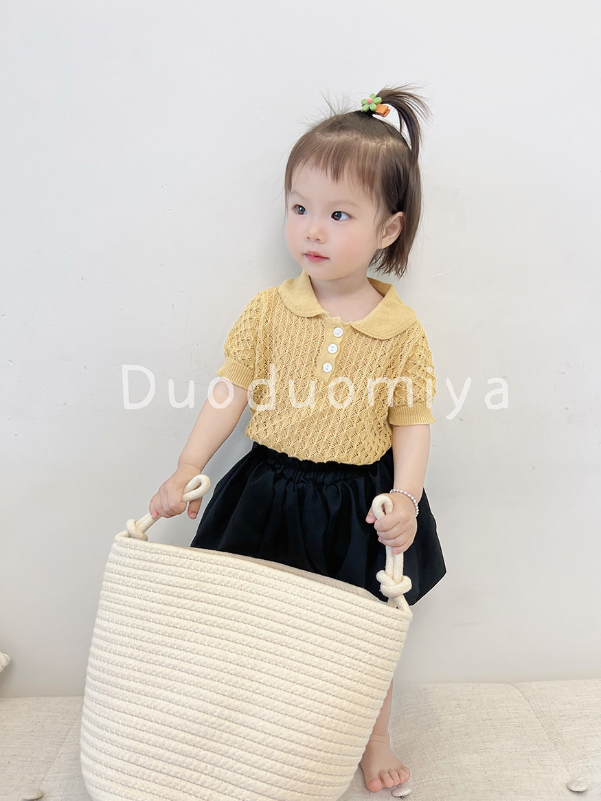 duoduomiya女童夏装套装2023新款夏季翻领短袖上衣南瓜短裤两件套