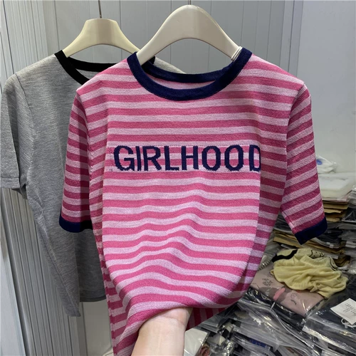 Трикотажный свитер, летняя тонкая шелковая футболка, круглый воротник, короткий рукав, свободный крой, в западном стиле