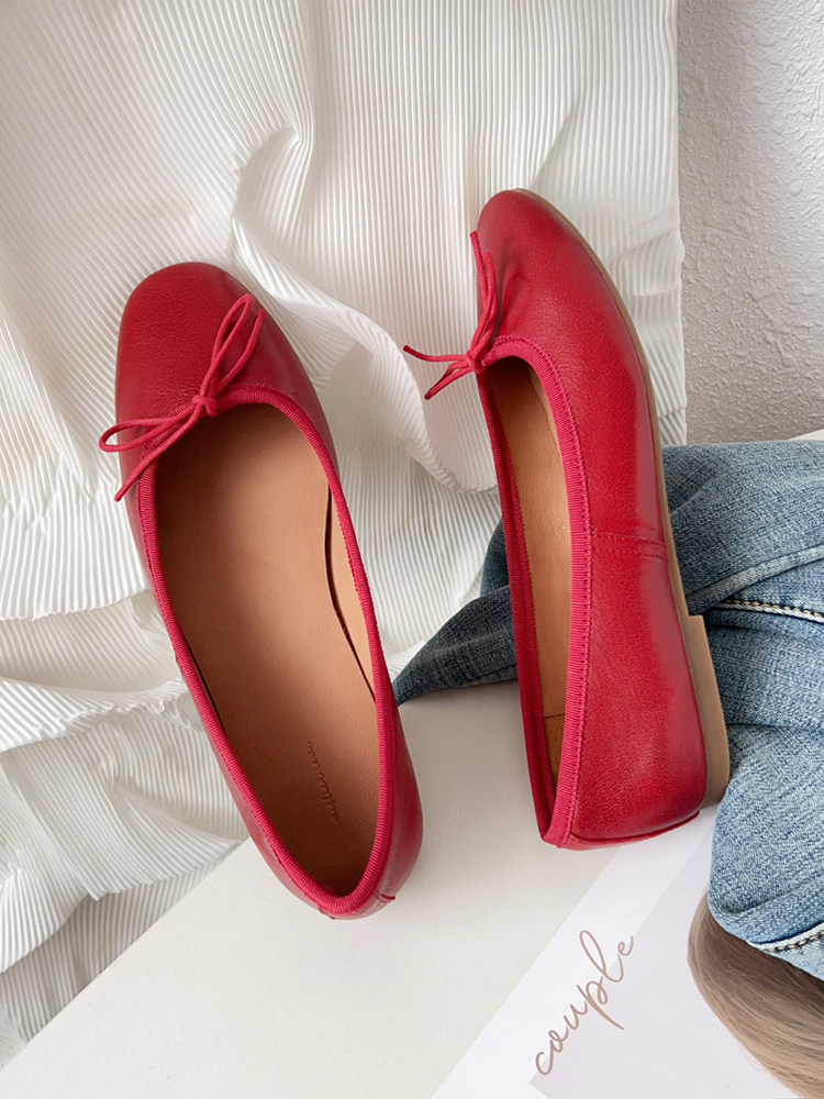 틈새 순수 오리지널 프랑스 복고풍 발레 슈즈 플랫 보우 얕은 입 싱글 슈즈 부드럽고 편안한 캐주얼 리틀 레드 슈즈