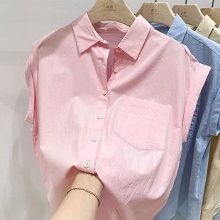 独特别致polo领无袖 粉色短袖 2025新款 衬衫 宽松衬衣 上衣女夏季