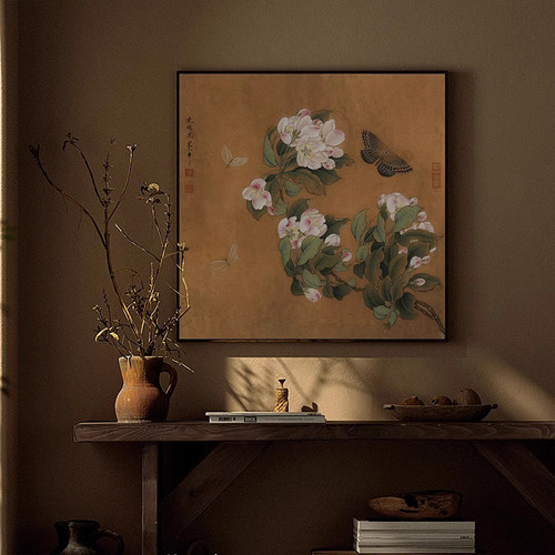 餐厅新中式中古风海棠小众客厅装饰画复古风蝴蝶花卉挂壁画知春来