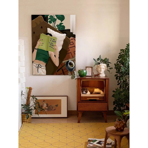 美式慵懒看书少女卧室床头装饰挂画客厅落地画玄关摆件画背景墙画