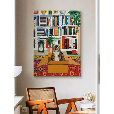 喷绘油画装饰画客厅玄关书房酒店卧室小众文艺猫咪书架艺术挂画
