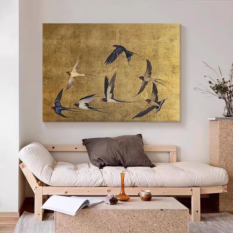 【无框画】中古风黑白燕子客厅装饰画动物挂墙书房挂画新款横款图片