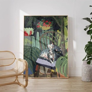 侘寂风马蒂斯抽象派猫咪客厅装 饰画玄关小众绿色植物背景墙挂画
