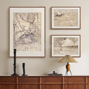梵高素描风景画组合画复古客厅装 艺术中古风玄关斗柜挂画 饰画法式