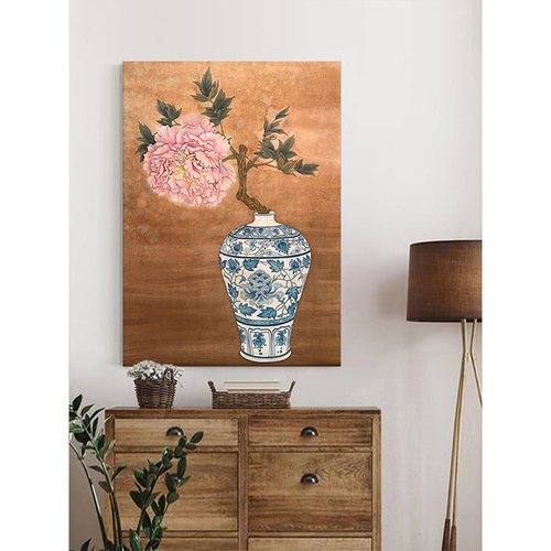 牡丹花开富贵新中式客厅装饰画玄关青花瓷花瓶喷绘油画中古风挂画