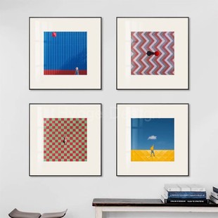 规律几何装 饰壁画红黄蓝多彩对比趣味组合客厅沙发背景墙简约挂画