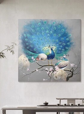 新中式孔雀开屏客厅餐厅装饰画紫气东来正对门玄关寓意好酒店挂画