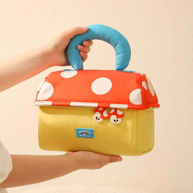 卡通萌趣蘑菇化妆包女大容量便携大容量收纳包牛津布手提收纳包