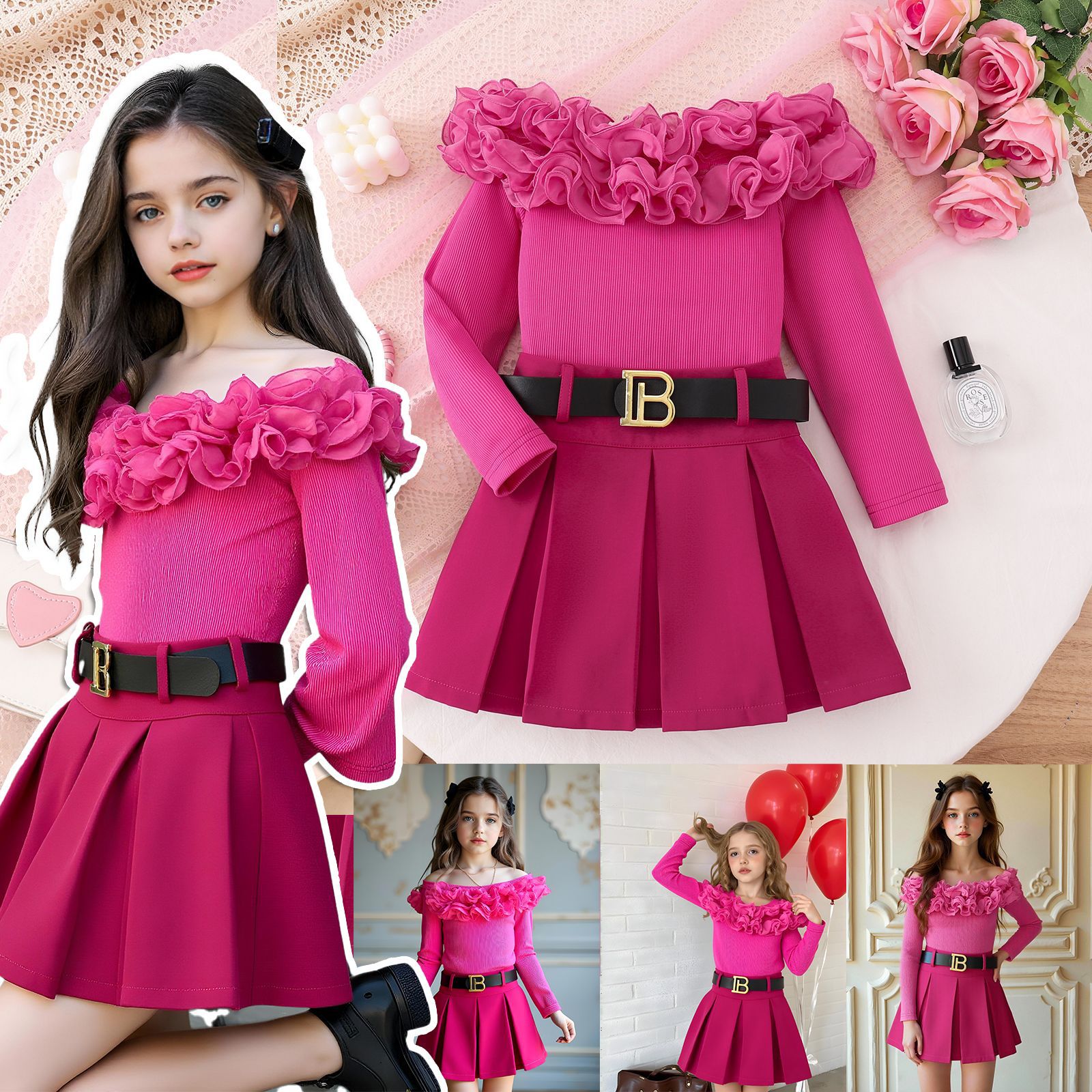 Kids Fashion欧美小香风女童立体花边长袖上衣搭配百褶裙皮带套装