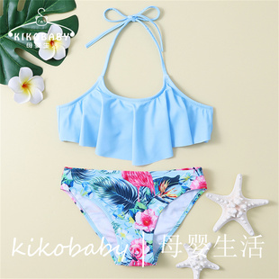 KID 可爱女孩儿童比基尼 BIKINI欧美女童泳衣火烈鸟荷叶边分体泳装