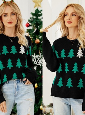 Shein亚马逊欧美女装秋冬套头提花圣诞树针织衫长袖黑色圣诞毛衣