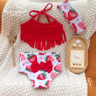 两件套草莓宝宝比基尼 流苏吊带泳装 泳衣 Bikini女婴童泳装 Baby