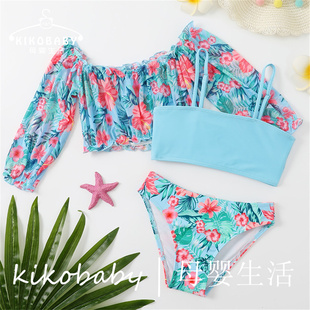 比基尼 大童泳装 Bikini儿童花朵罩衫 抹胸泳衣女童三件套外贸新款