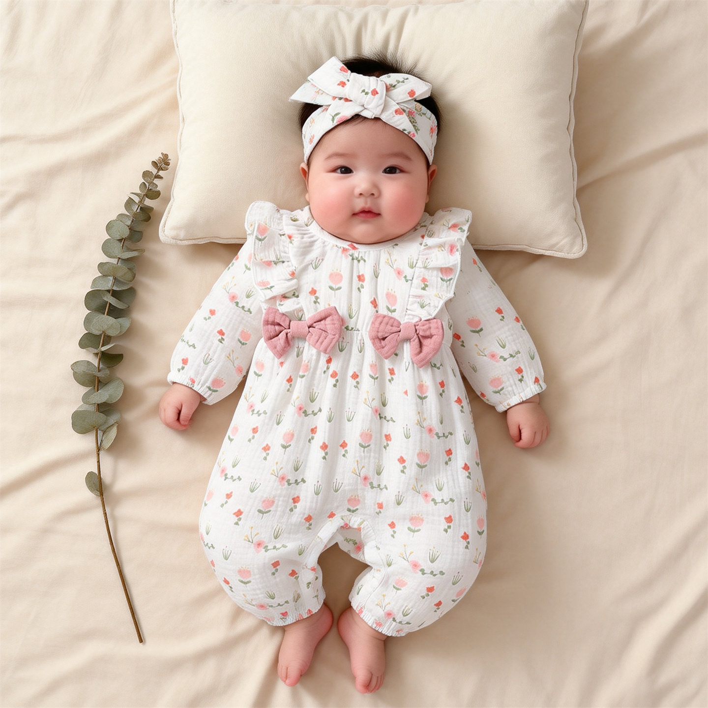 KIKOBABY新生儿爱心豹纹小碎花印花长袖连体爬服纱棉女宝宝连体衣