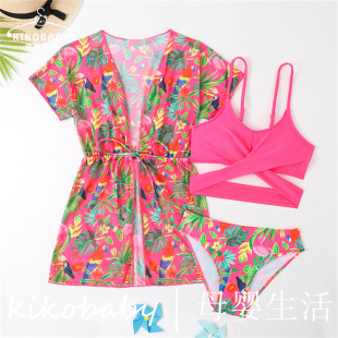 泳装 Bikini女童泳衣儿童大童外贸比基尼三件套花色儿童分体 罩衣