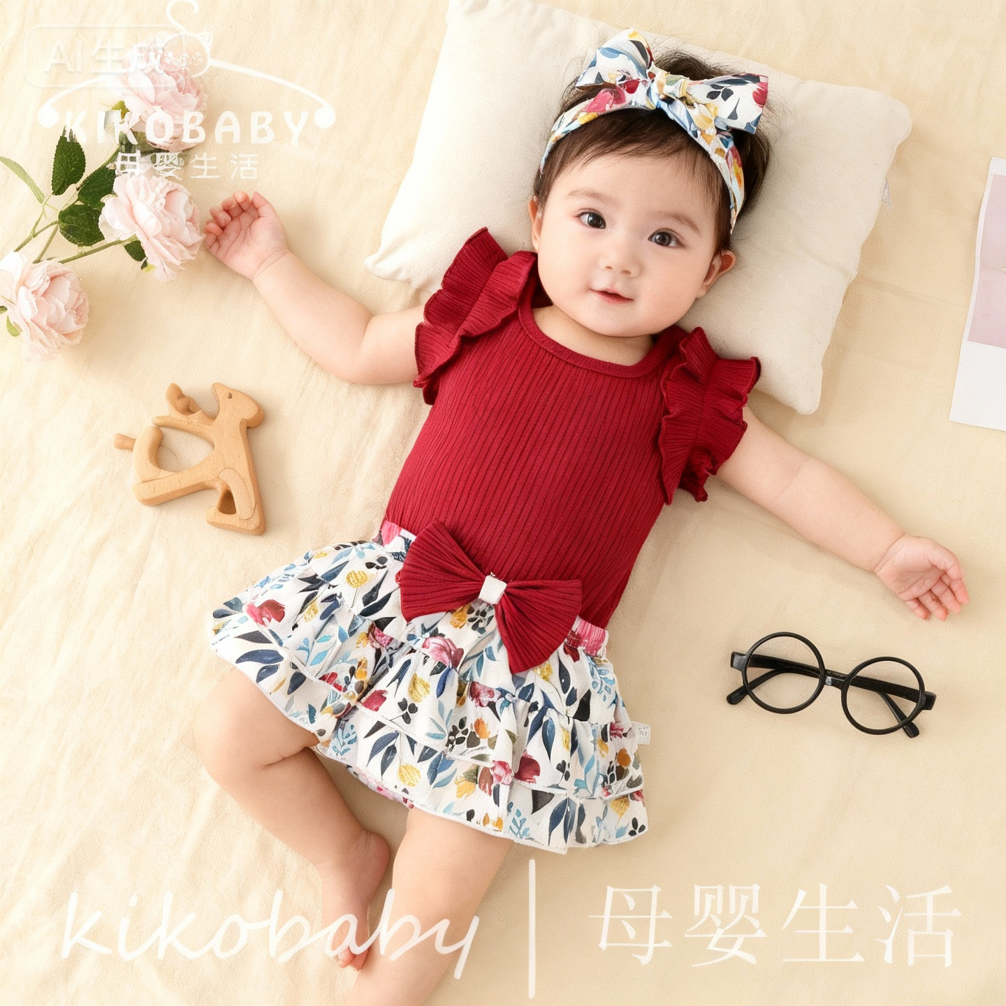 KIKOBABY夏季婴儿哈衣包屁裙甜美背心棉花边碎花裙蝴蝶结婴幼童