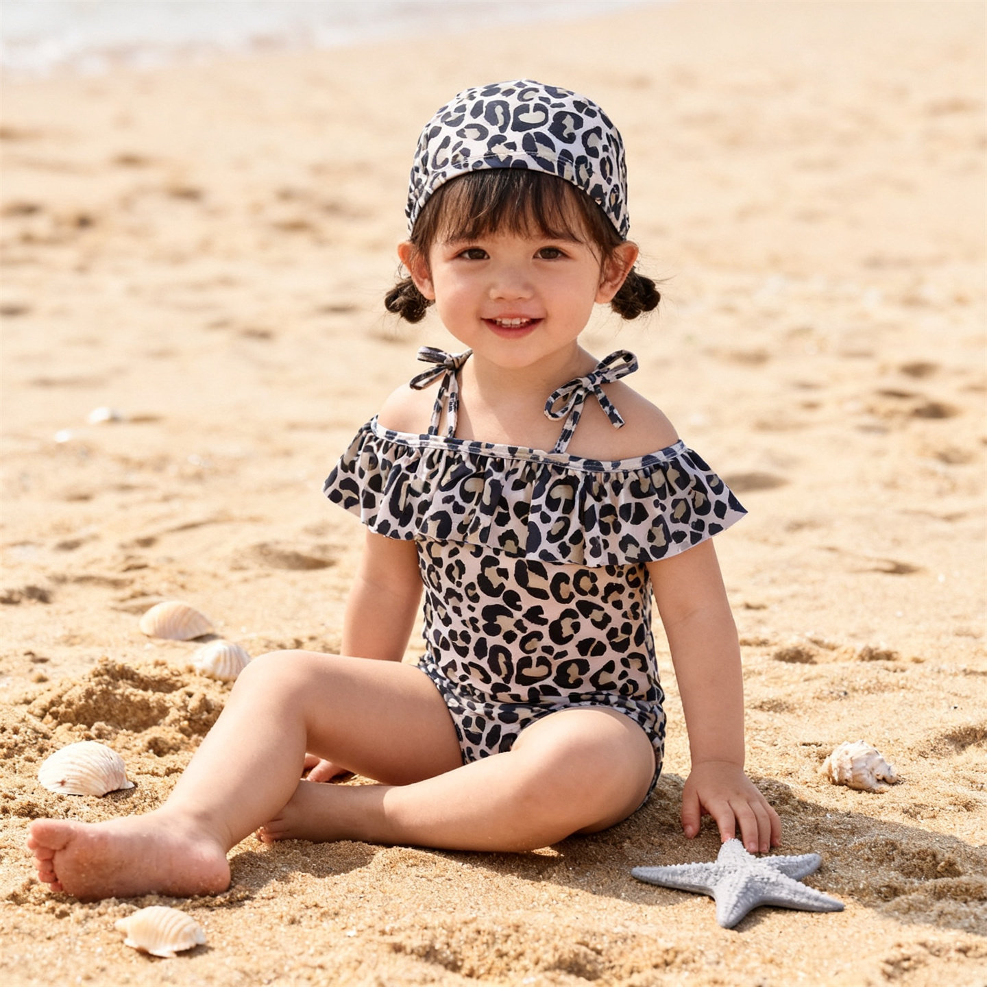 Baby Swimsuit女童连体泳衣夏儿童豹纹泳装女宝宝度假游泳衣泳帽