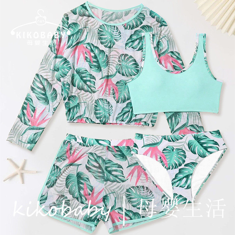 Swimsuit女童泳衣四件套长袖分体中大童跨境外贸短裤外套女孩泳装