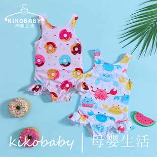 Baby Swimwear儿童无袖泳衣甜甜圈螃蟹印花背心连体女宝宝游泳衣