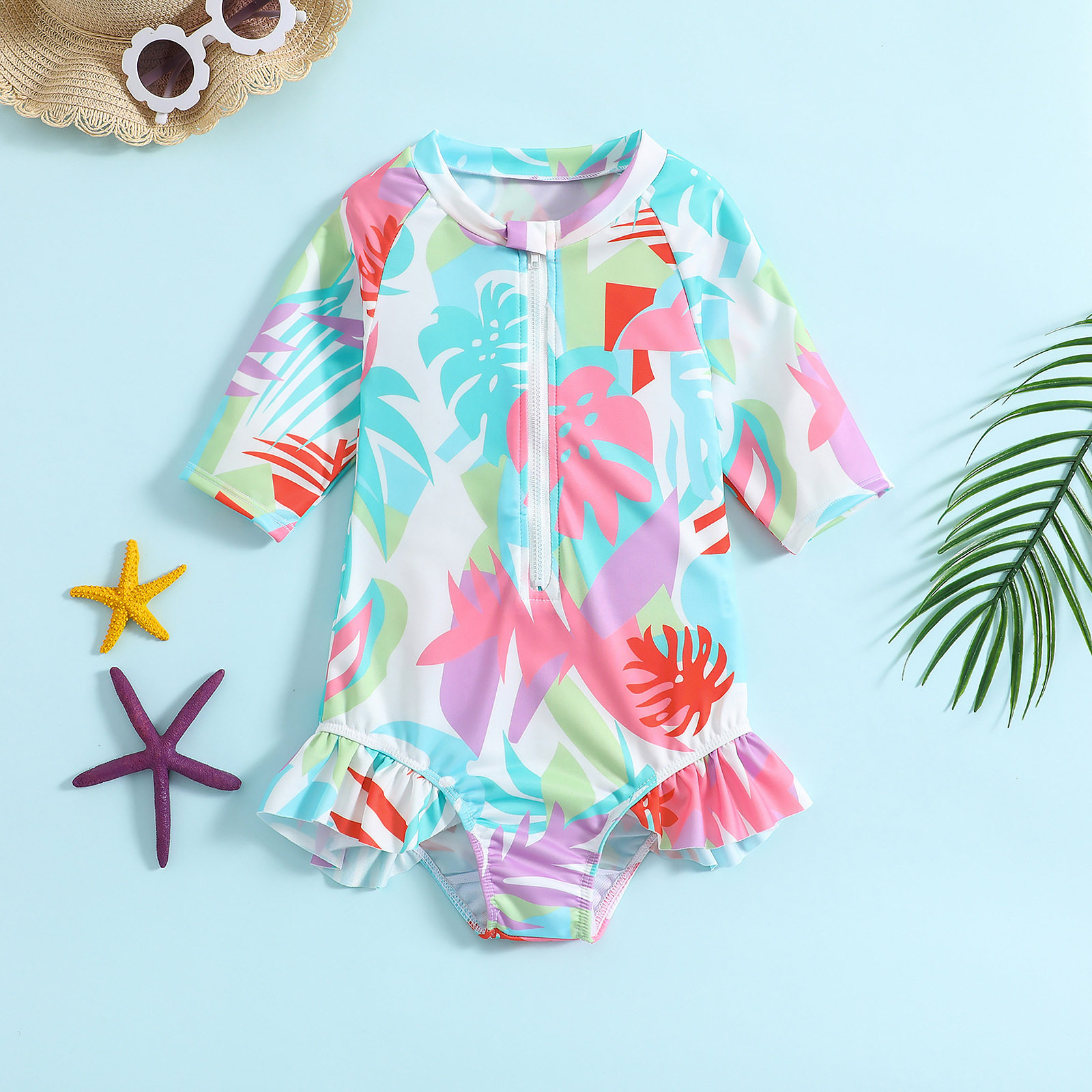 Baby Swimsuit跨境儿童泳衣长袖防晒衣连体泳裤套装女孩中童游泳