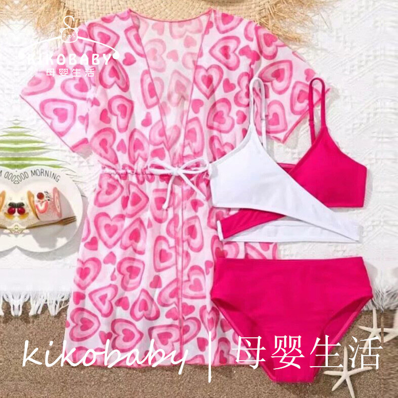 KIKOBABY跨境欧美亲子母女装泳衣三件套装罩衫爱心吊带比基尼童装