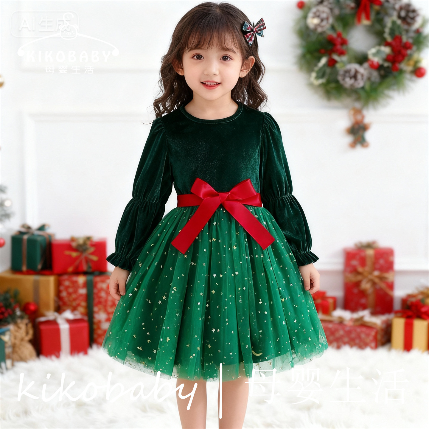 Christmas Girl圣诞节金丝绒女童绿色网纱蓬蓬裙腰带连衣裙公主裙