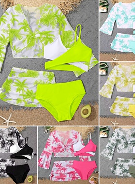Kids Swimsuit欧美大童罩衫高腰分体比基尼儿童泳衣椰树女童泳装