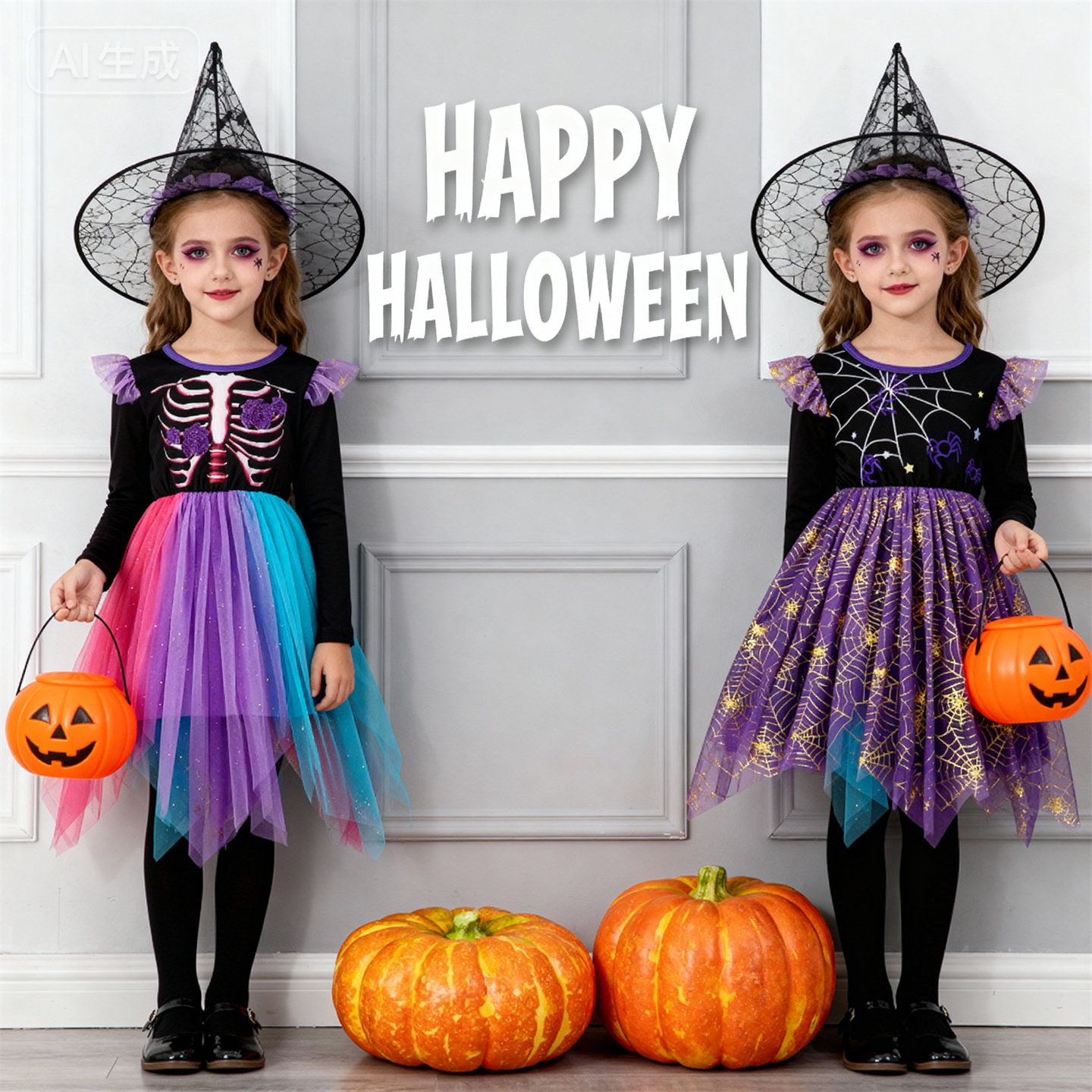 外贸女童万圣节蜘蛛网裙子化妆舞会 女巫网纱裙连衣裙 Halloween