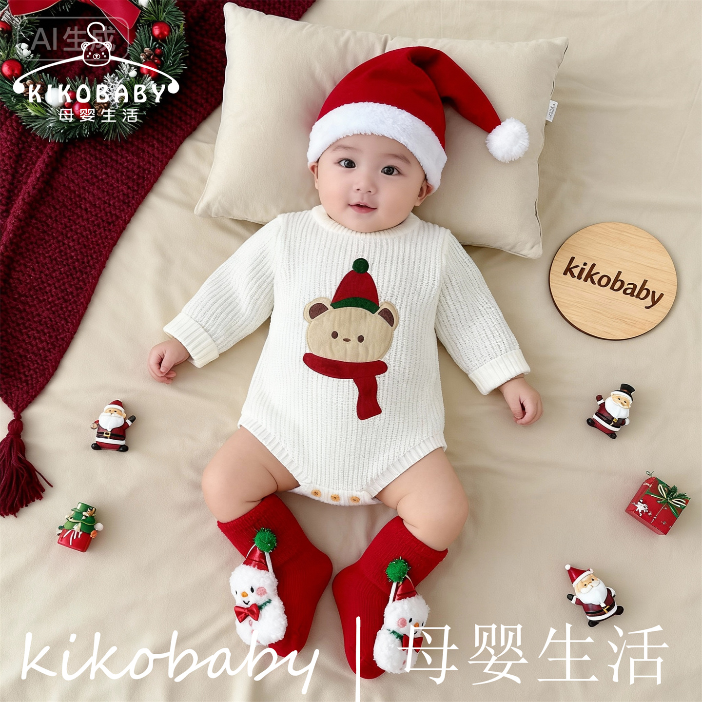 Christmas婴儿圣诞节三角哈衣爬服针织毛衣可爱圣诞雪人包屁衣ins