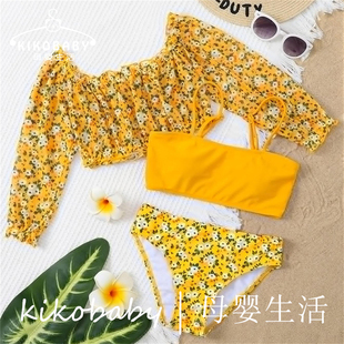 碎花泳衣 三件套比基尼儿童大童外贸 Bikini女童儿童防晒长袖 罩衫