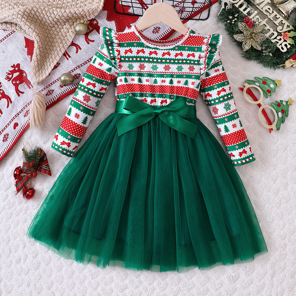 CHRISTMAS女童2-6岁外贸童装圣诞裙子条纹圣诞树网纱连衣裙蓬蓬裙
