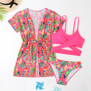 泳装 Bikini女童泳衣儿童大童外贸比基尼三件套花色儿童分体 罩衣