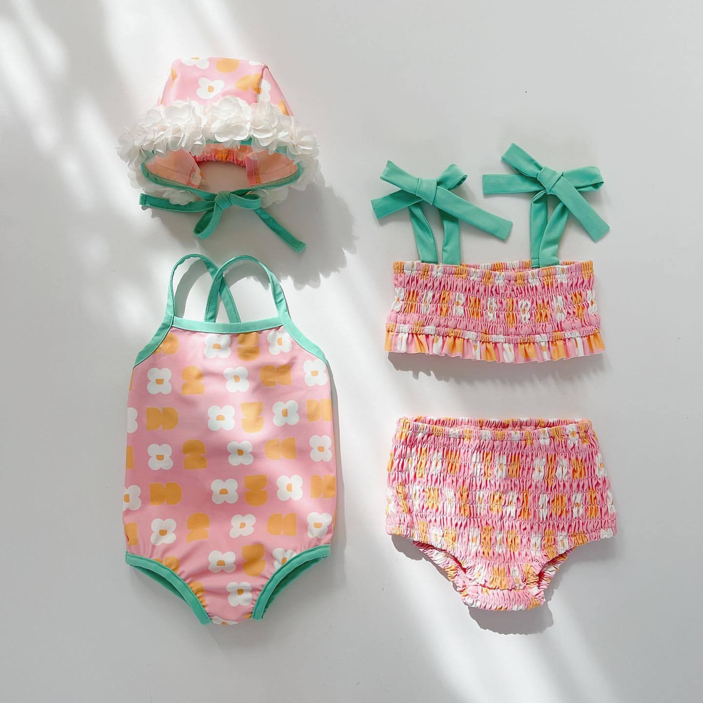 ins韩版女童宝宝花朵带帽连体泳衣新生儿比基尼分体泳衣 Swimsuit