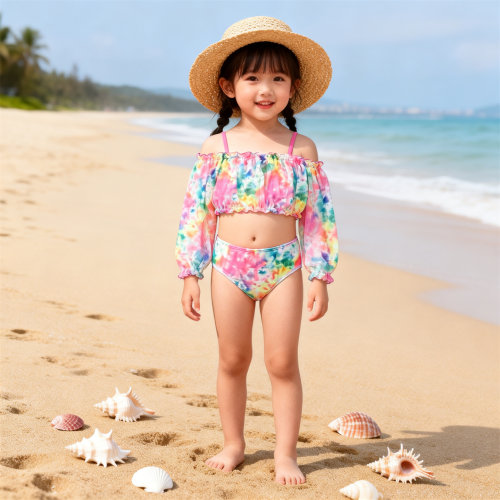 Kids Bikini女童外贸时尚 分体泳装网纱泳衣 中大童扎染游泳罩衣