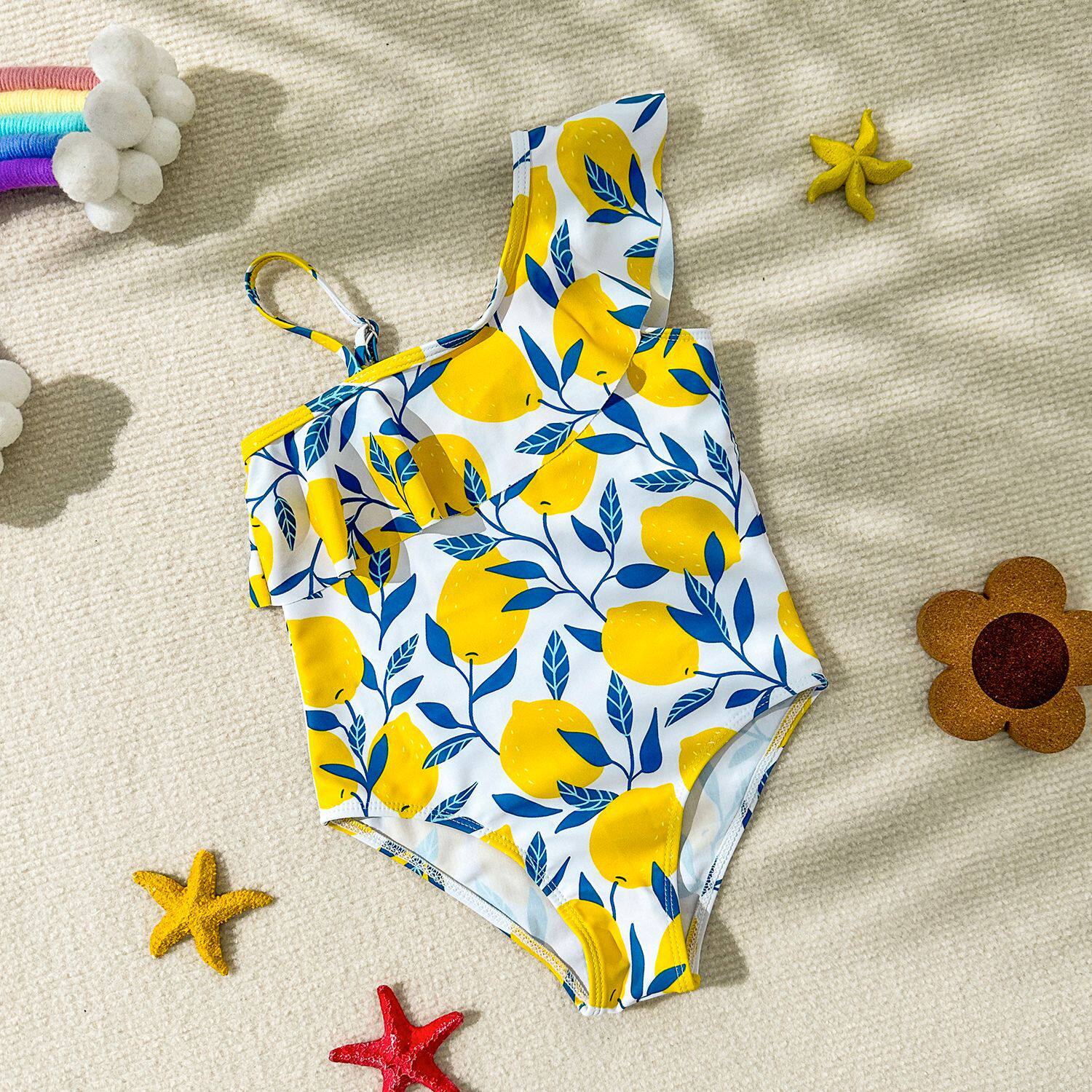 婴儿连体泳装女童女宝宝游泳衣柠檬斜肩泳衣婴童泳套装单肩泳装