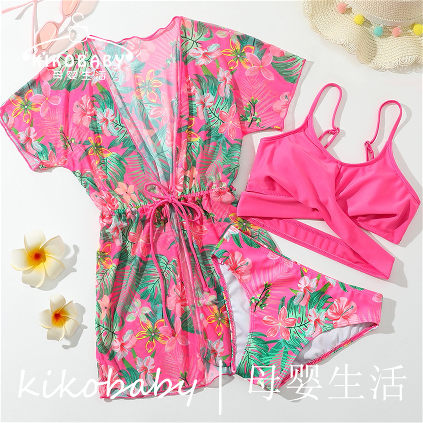 Bikini女童泳衣儿童大童外贸比基尼三件套碎花儿童分体 罩衣 泳装