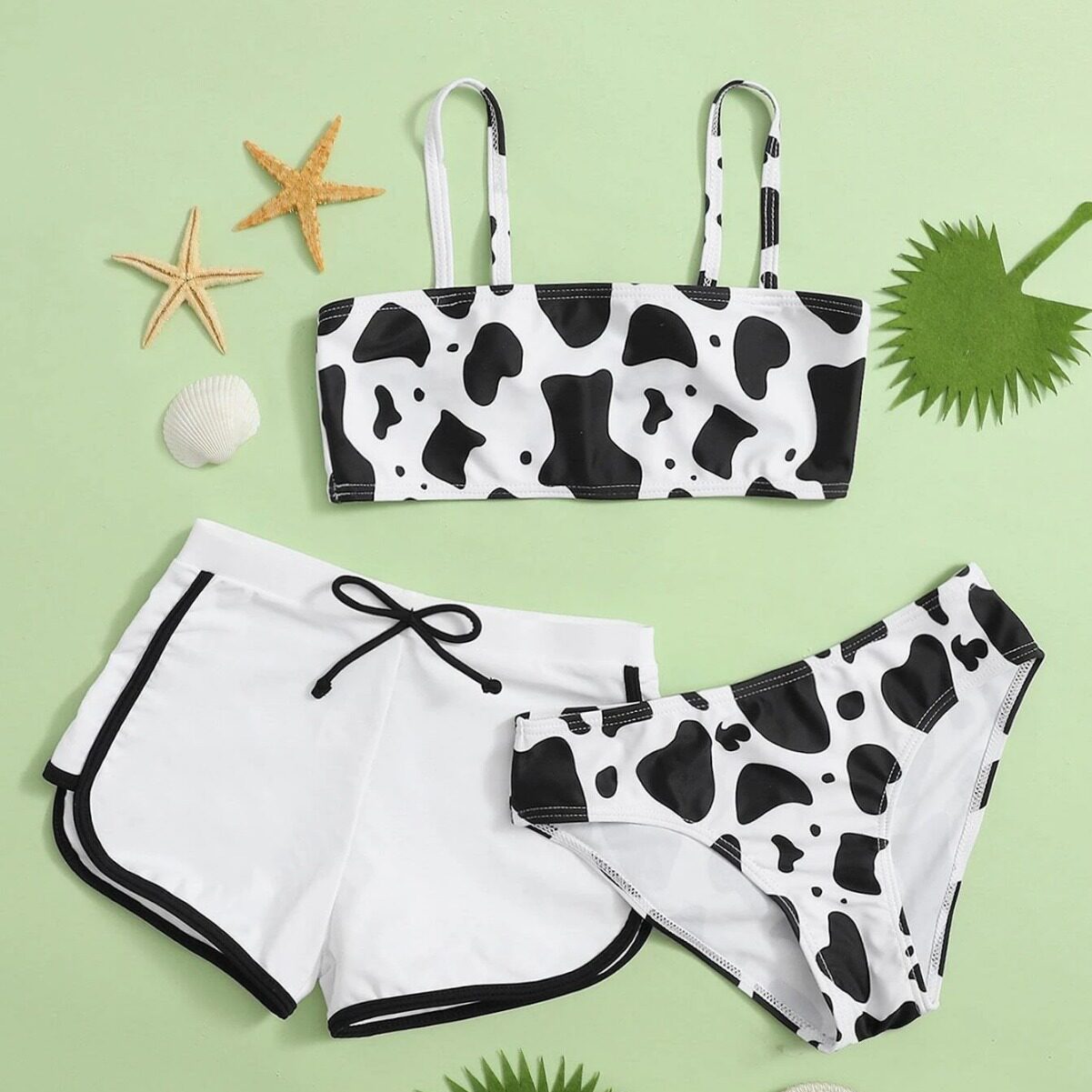 baby swimsuit儿童大童泳装豹纹印花吊带分体泳衣女童三件套泳衣