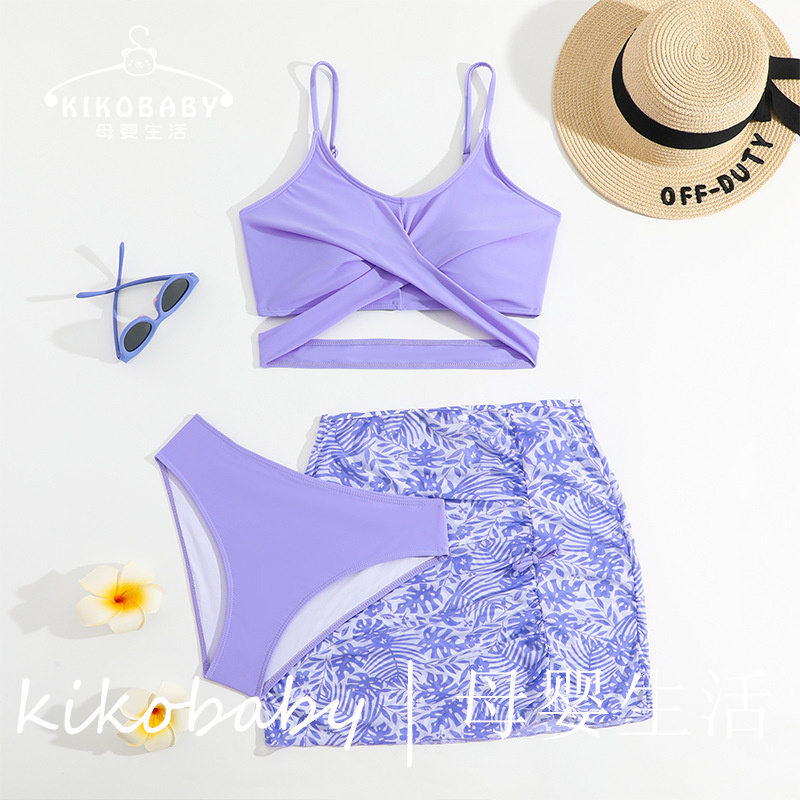 Kids Swimsuit碎花三件套泳装女童泳衣紫色跨境分体裙子泳装外贸
