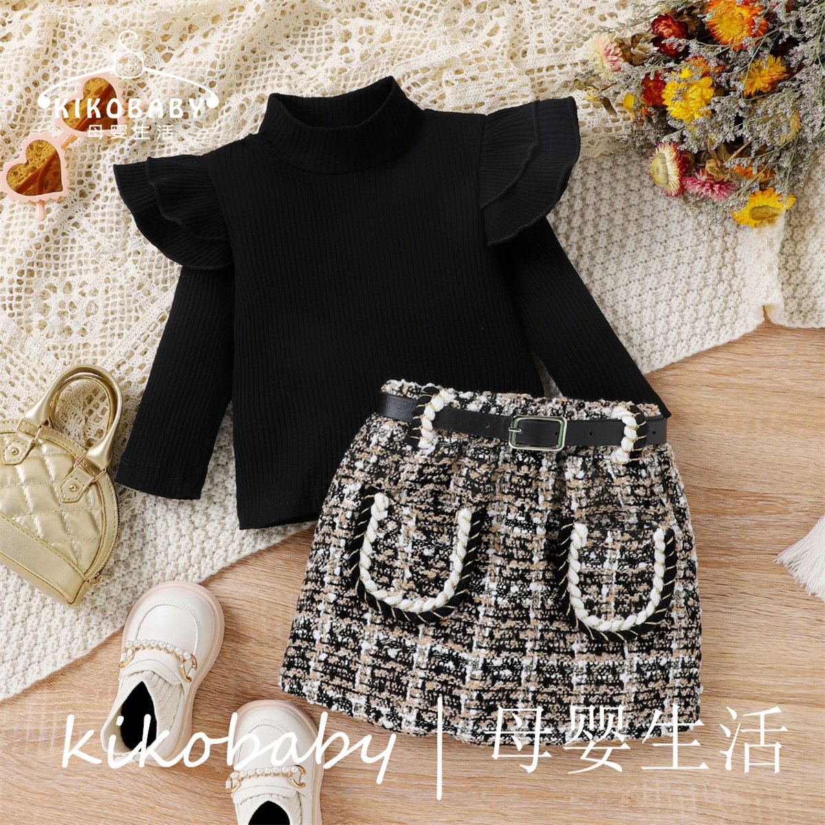KIKOBABY韩版童装小香风女童中领长袖编织粗呢短裙皮带千鸟格套装