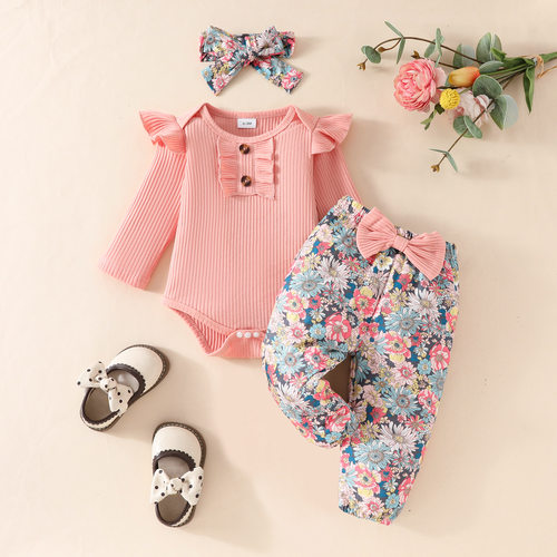 KIKOBABY亚马逊女婴坑条长袖紧身哈衣印花长裤套装宝宝碎花裤上衣