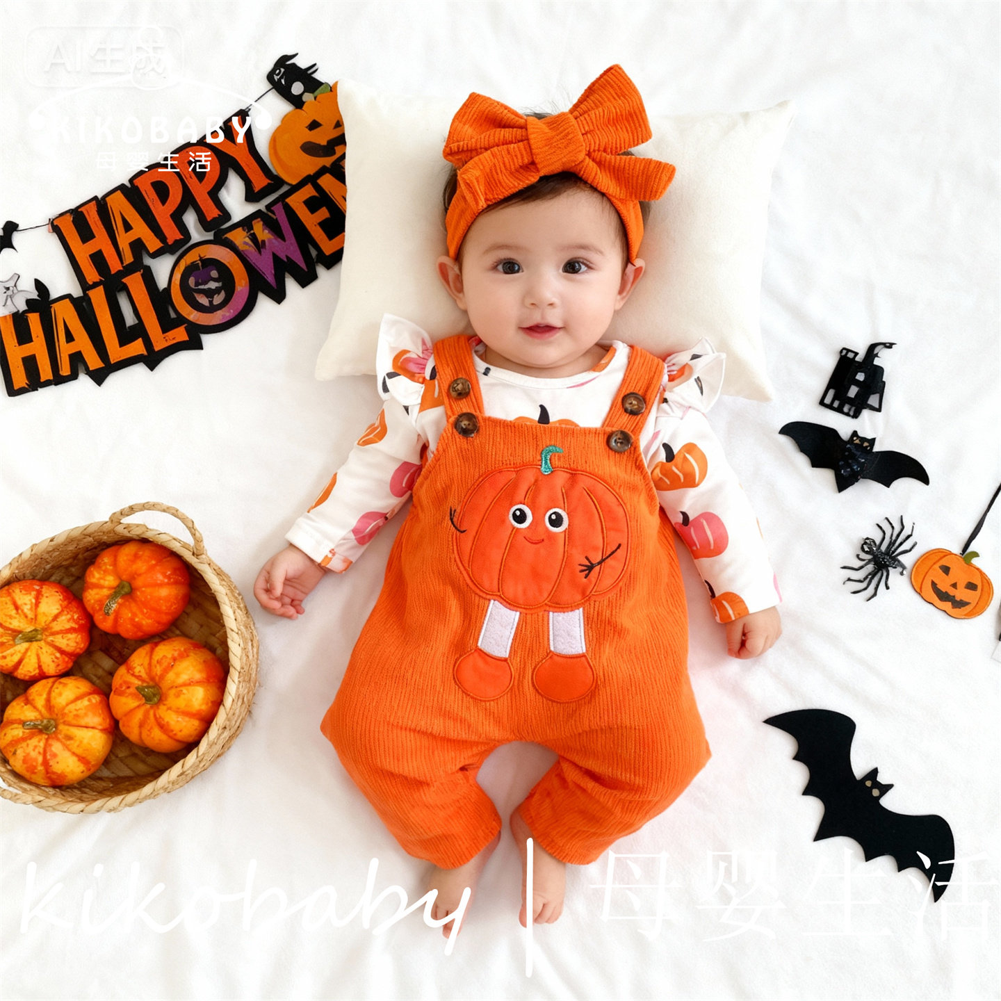Baby Halloween婴儿万圣节背带裤套装女婴南瓜灯芯绒裤长袖哈衣