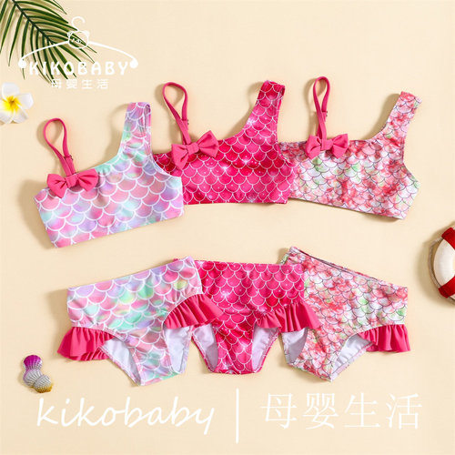 KIKOBABY儿童女童鱼鳞分体吊带蝴蝶结比基尼两件套装女孩花边泳衣