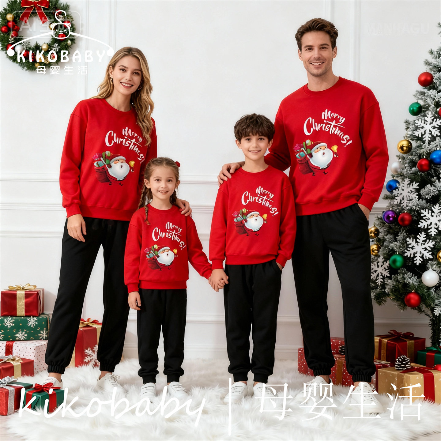 圣诞节亲子装红色圆领情侣卫衣诞老人印花套头衫裤跨境Christmas