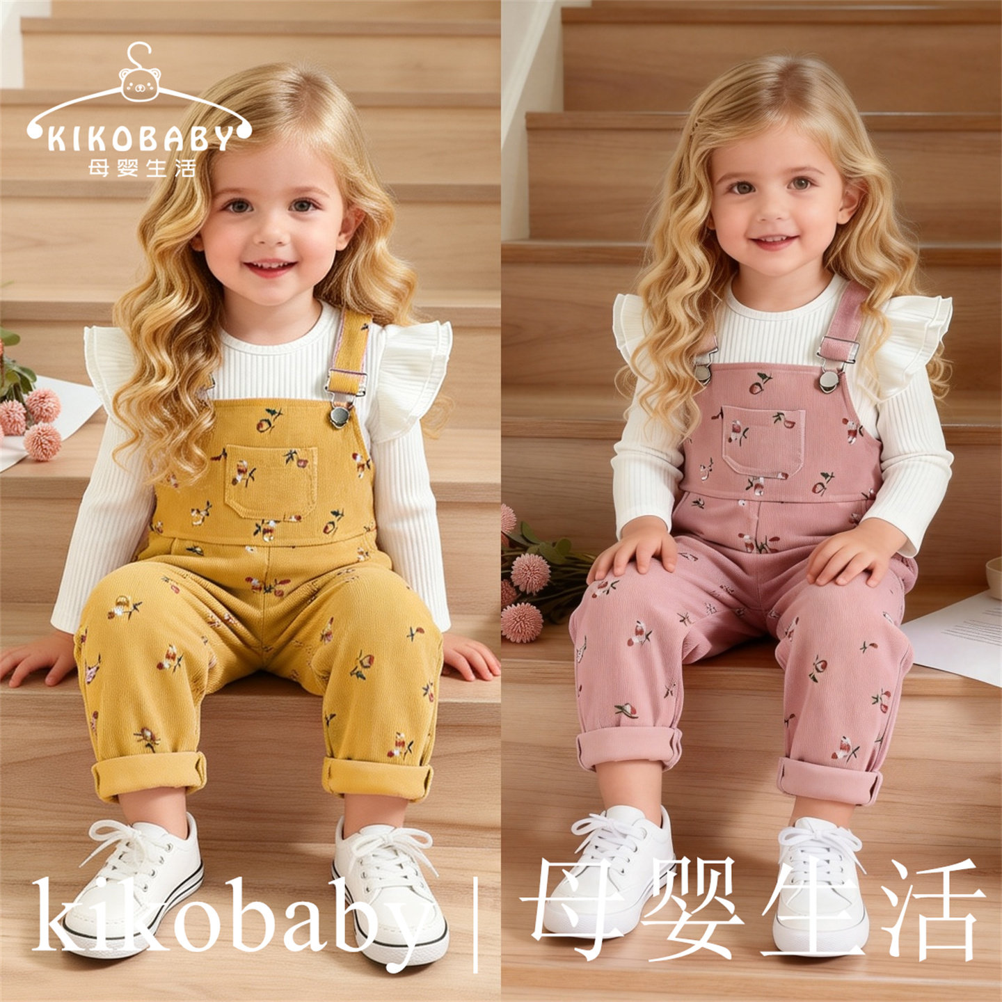 Kids Fashion欧美中小童女童春秋打底衫灯芯绒背带裤两件小童套装